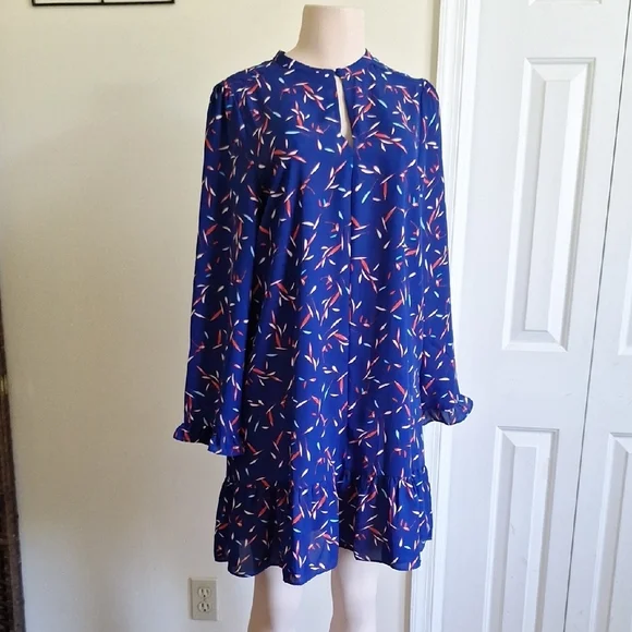Banana Republic Ruffle-Hem Swing Shift Blue Long Sleeve Dress Size M - Picture 2 of 9